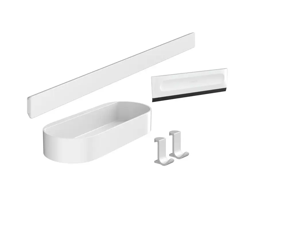 Weißes Duschset von Hansgrohe mit Wandablage, Duschabzieher und zwei Haken. Gesamtelemente in schlichtem Design, geeignet für die Badezimmerwandmontage.